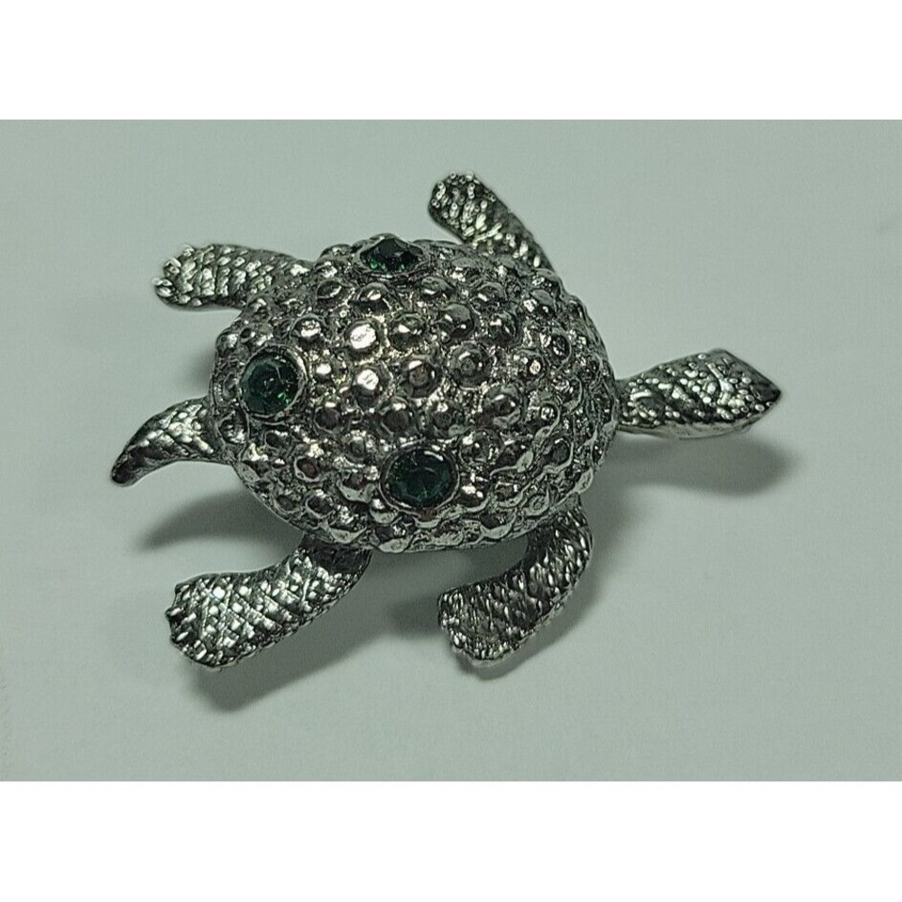 Signed Lia Lianna Vintage SilverTone Crystal Sea Turtle Pin Brooch Green Figural